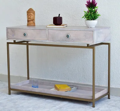 Double Drawer With Tray Solid Wood Red Console Table With Golden Iron Frame