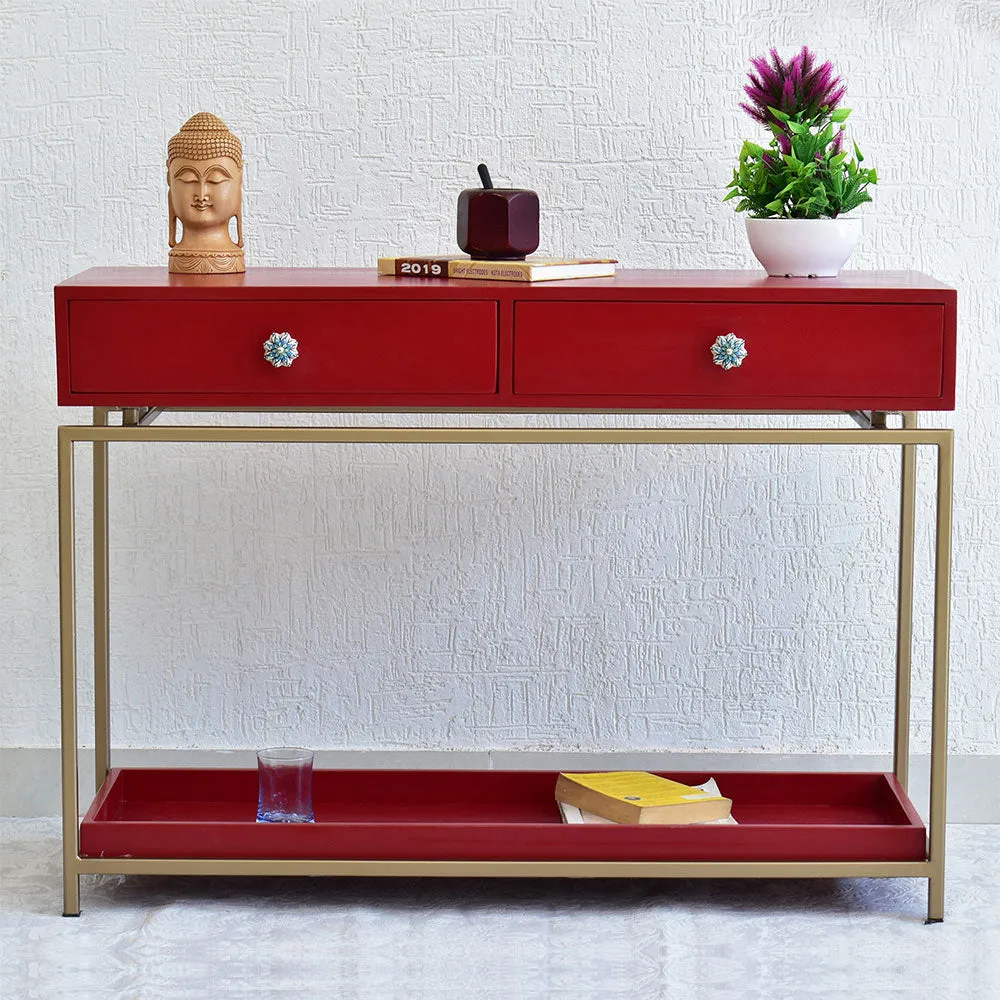 Double Drawer With Tray Solid Wood Red Console Table With Golden Iron Frame