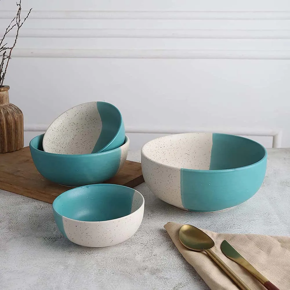 Dual Toned Teal & White Ceramic Bowls Set Of 4
