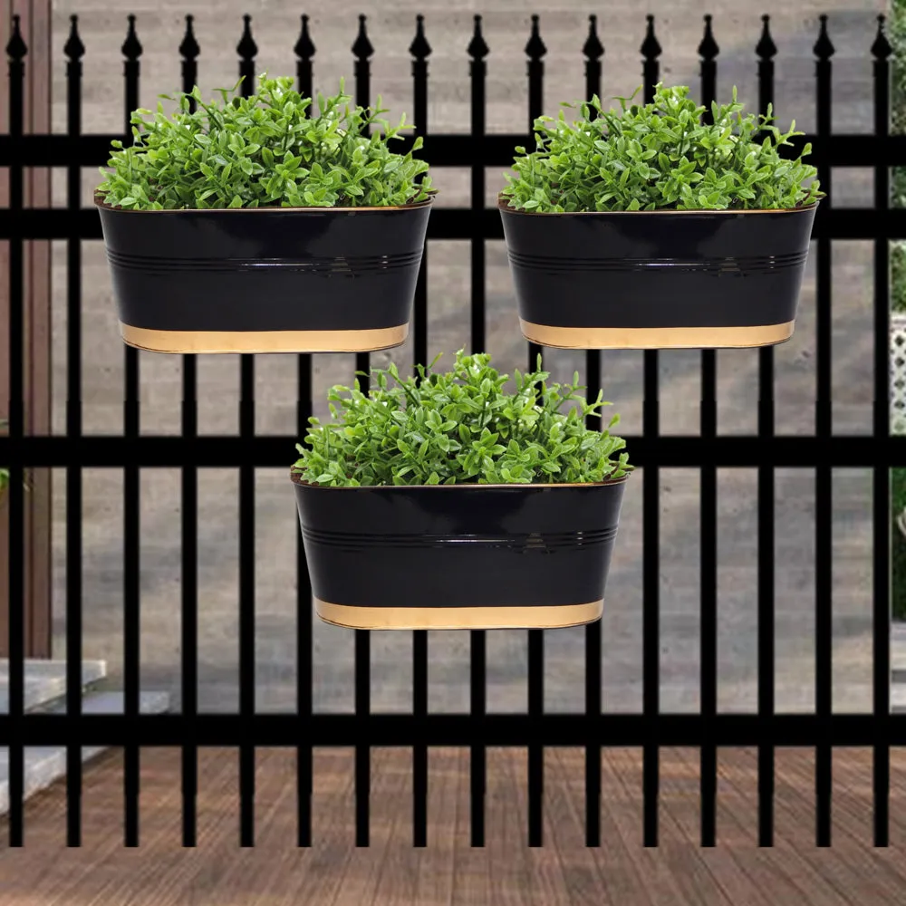 Ecofynd 12 inches Balcony Railing Planter with Detachable Handle (Black)- Set Of 3