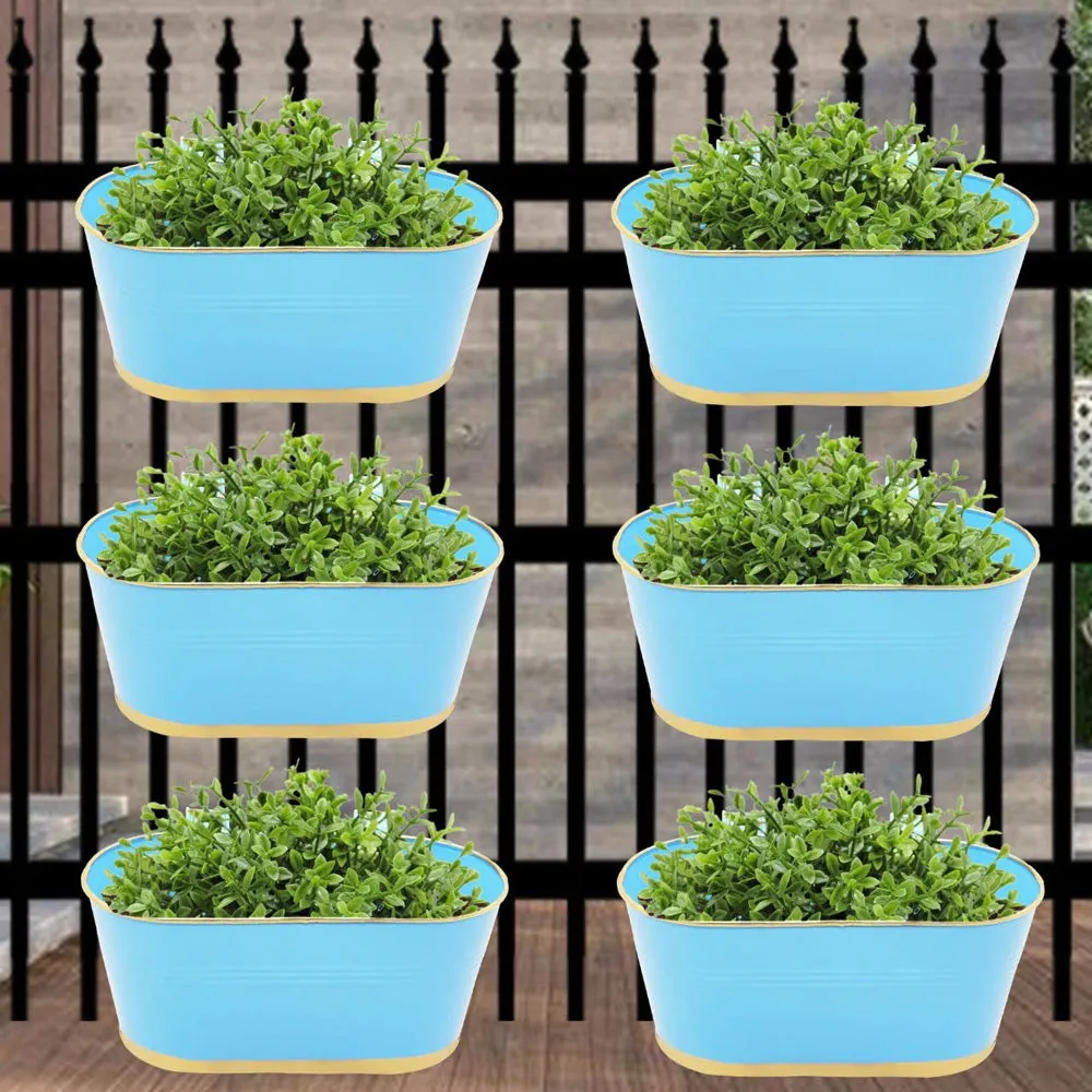 Ecofynd 12 inches Balcony Railing Planter with Detachable Handle (Sky Blue)- Set Of 6