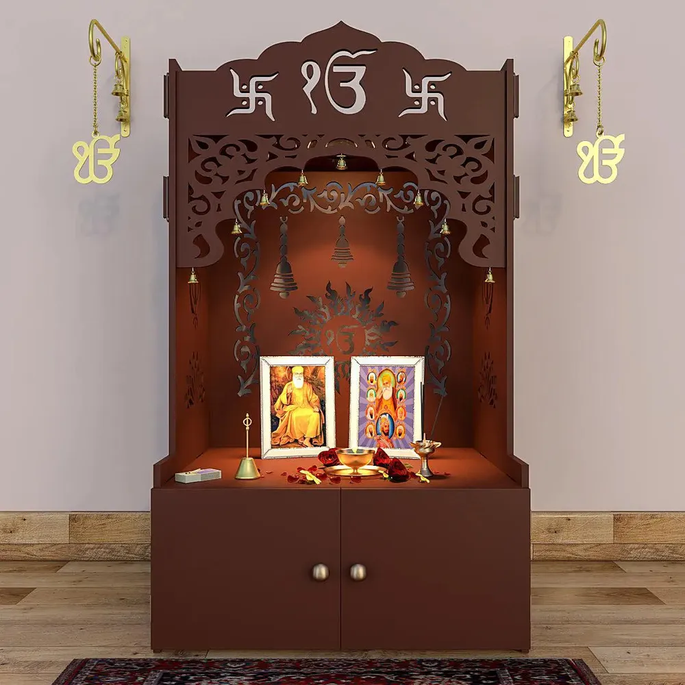 Ek-onkar Home Temple with Inbuilt Focus Light &amp; Spacious Wooden Shelf- Brown