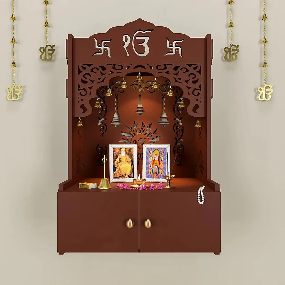 Ek-onkar Wall Temple with Inbuilt Focus Light &amp; Spacious Wooden Shelf- Brown