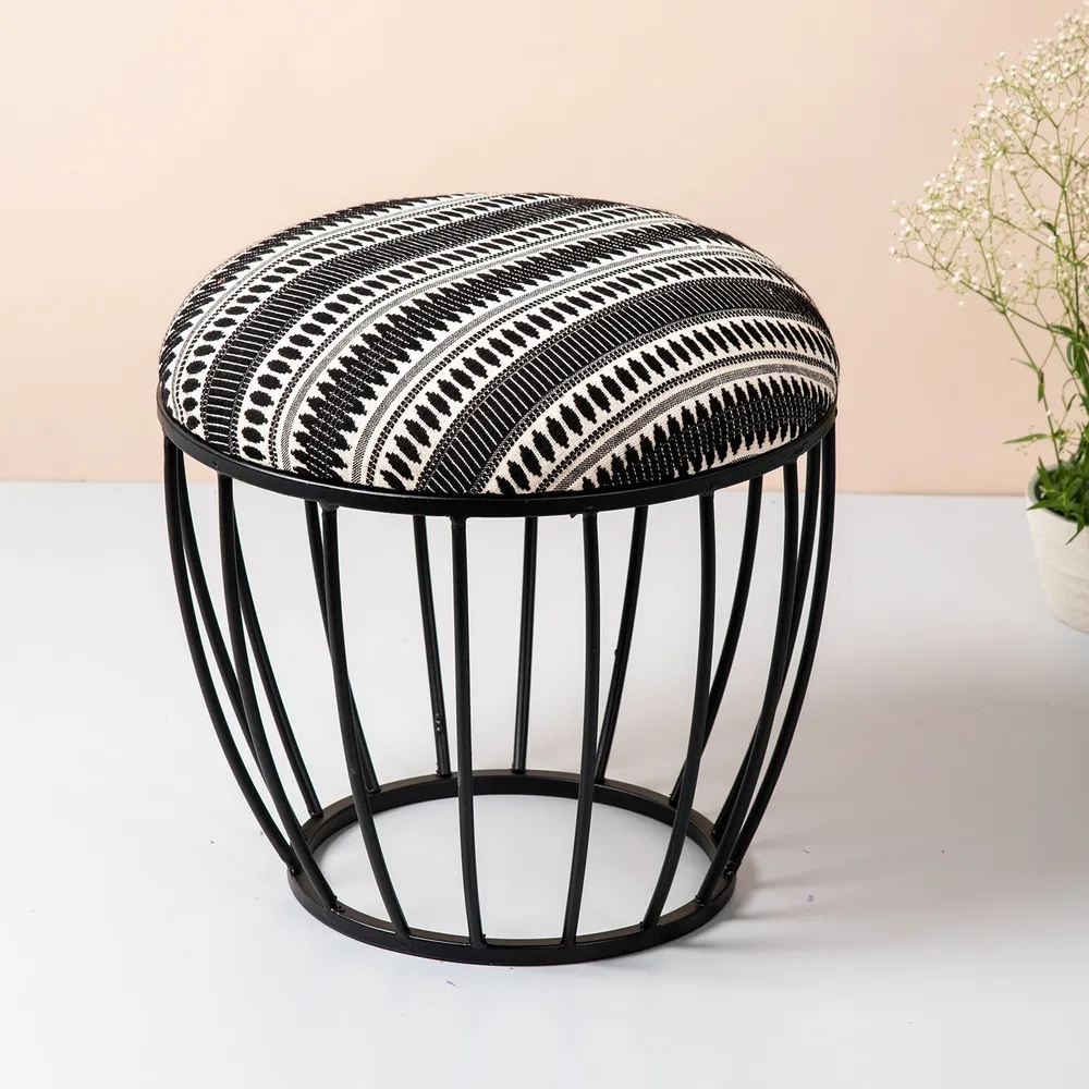 Elegant Black and White Printed Woven Metal Ottoman Stool Set Of 2