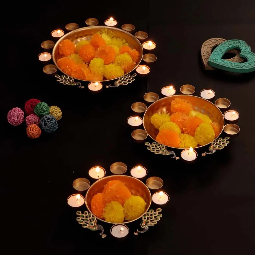 Elegant Meal Peacock Urli Bowl with Tealights Set of 3