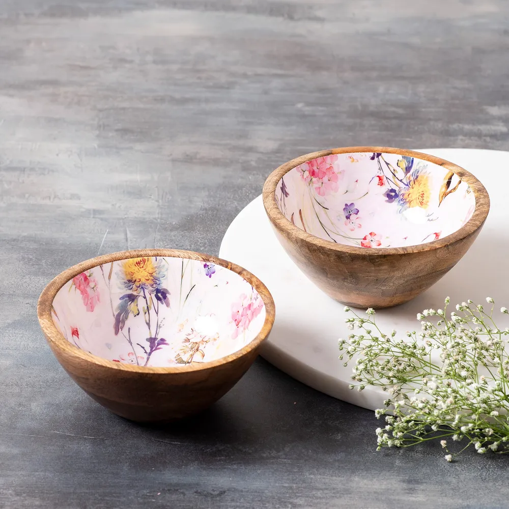 Elegant Pink Enamel Print Wood Serving Bowl Set Of 2