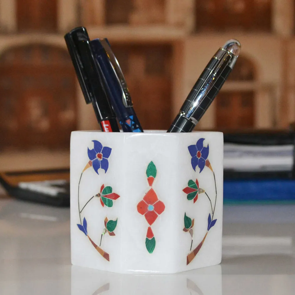Elegant Red Bloomed Flower Marble Pen Stand