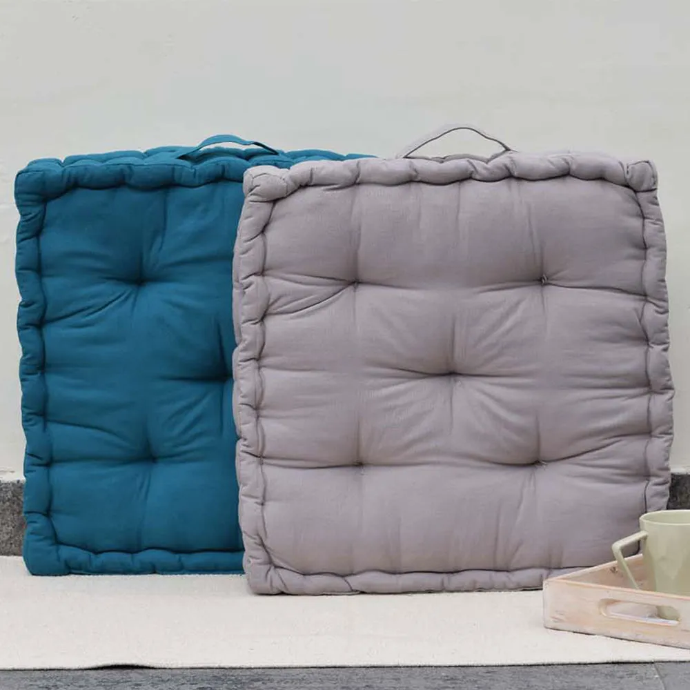 Enchanting Box Squared Peacock Blue and Light Grey Plush Cotton Matlas Floor Cushion With Handle Set Of 2