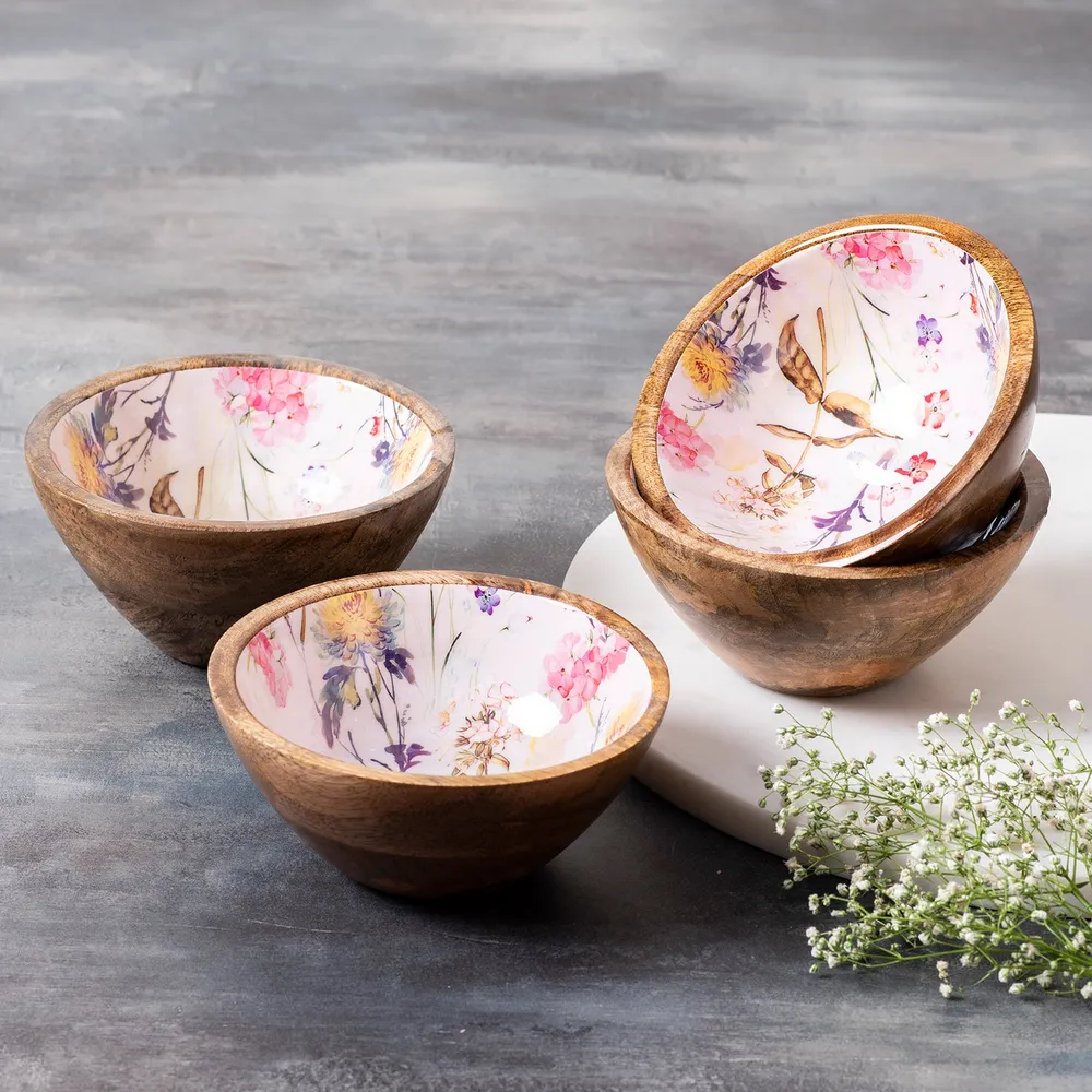 Ethereal Pink Enamel Print Wood Serving Bowl Set Of 4