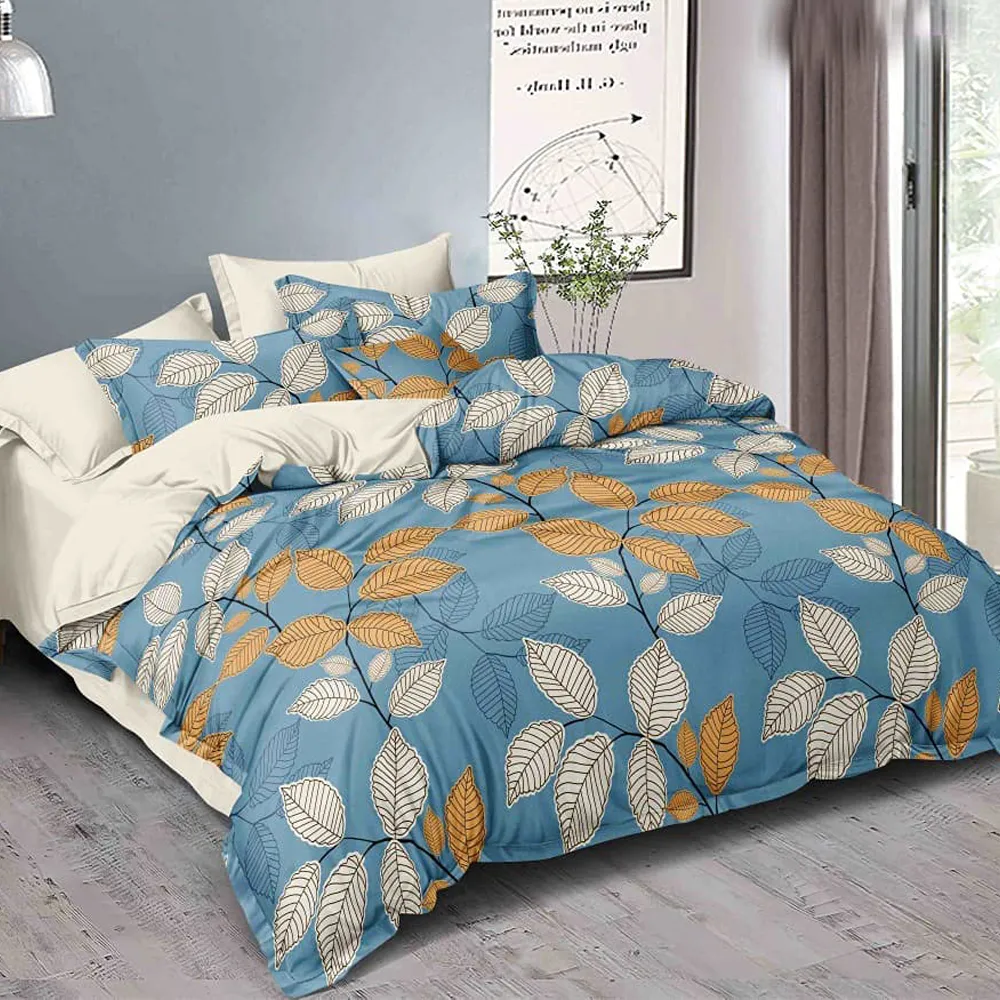 Fall Leaves Designer Double Bedsheet With 2 Pillow Covers (Blue)