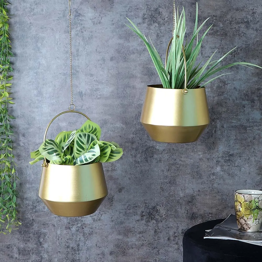 Fine Golden Finish Hanging Metal Planters Set Of 2
