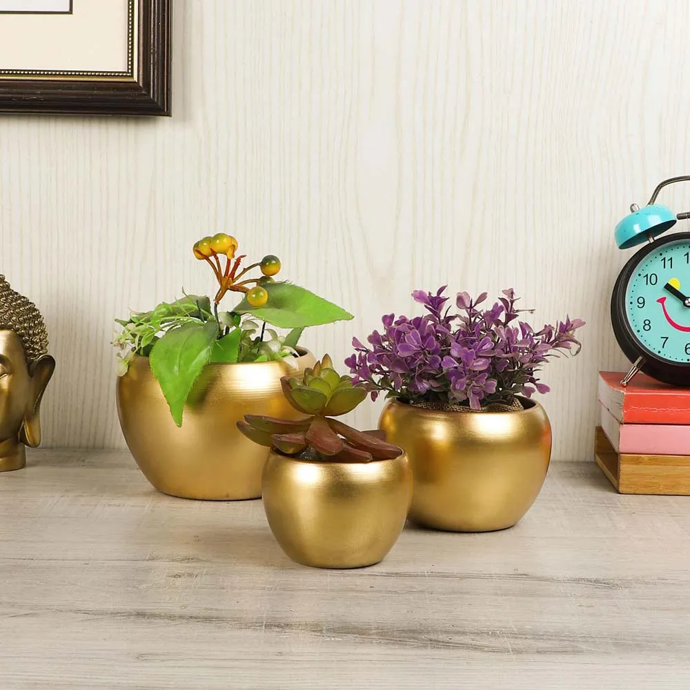 Fine Golden Finished Table Top Metal Planters Set Of 3