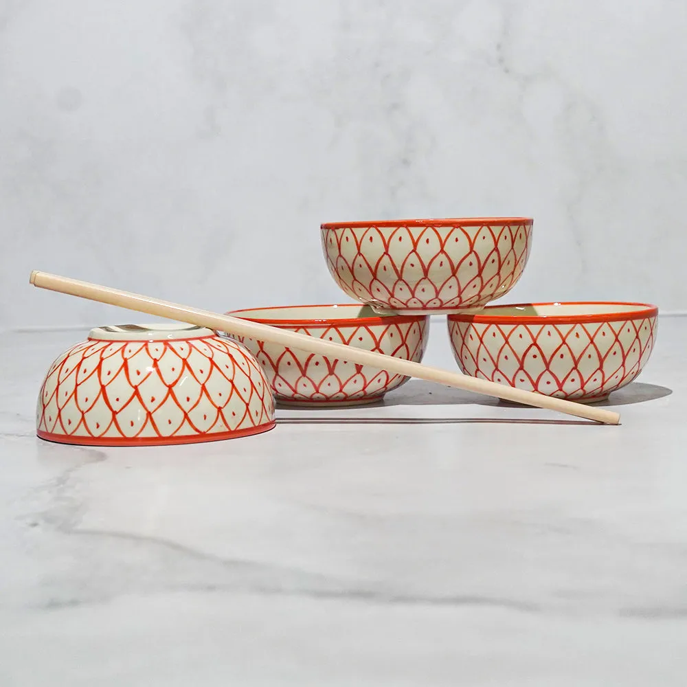 Fish Patterned Orange & Beige Ceramic Bowl Set Of 4