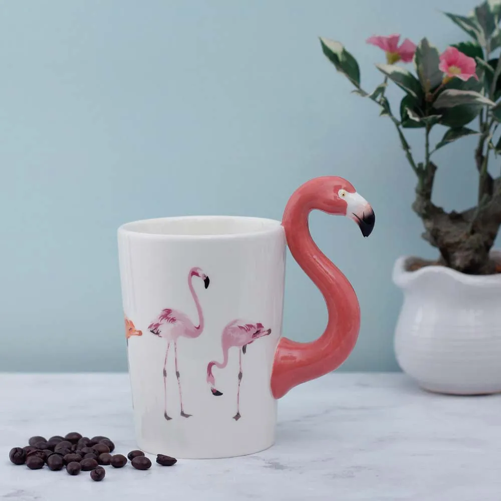 Flamingo Handled Ceramic White Coffee Mug