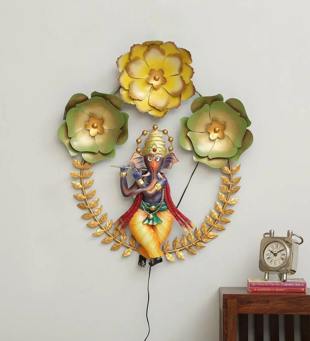Flower Decorated Ganesha LED Metal Wall Art