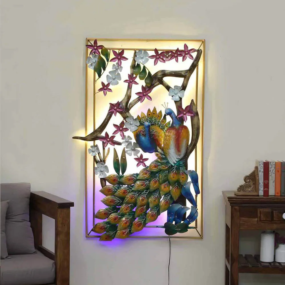 Framed Peacock On A Branch Backlit Metal Wall Art