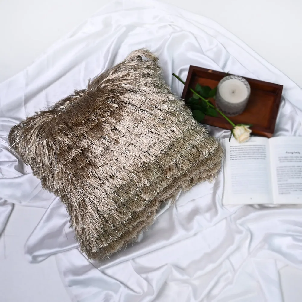 Fringed Polyester Gold Shaggy Cushion Cover