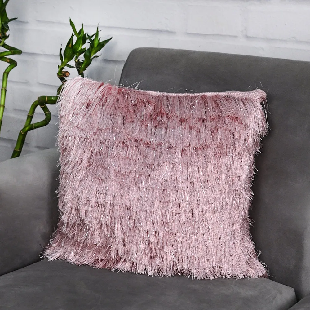 Fringed Polyester Pink Shaggy Cushion Cover