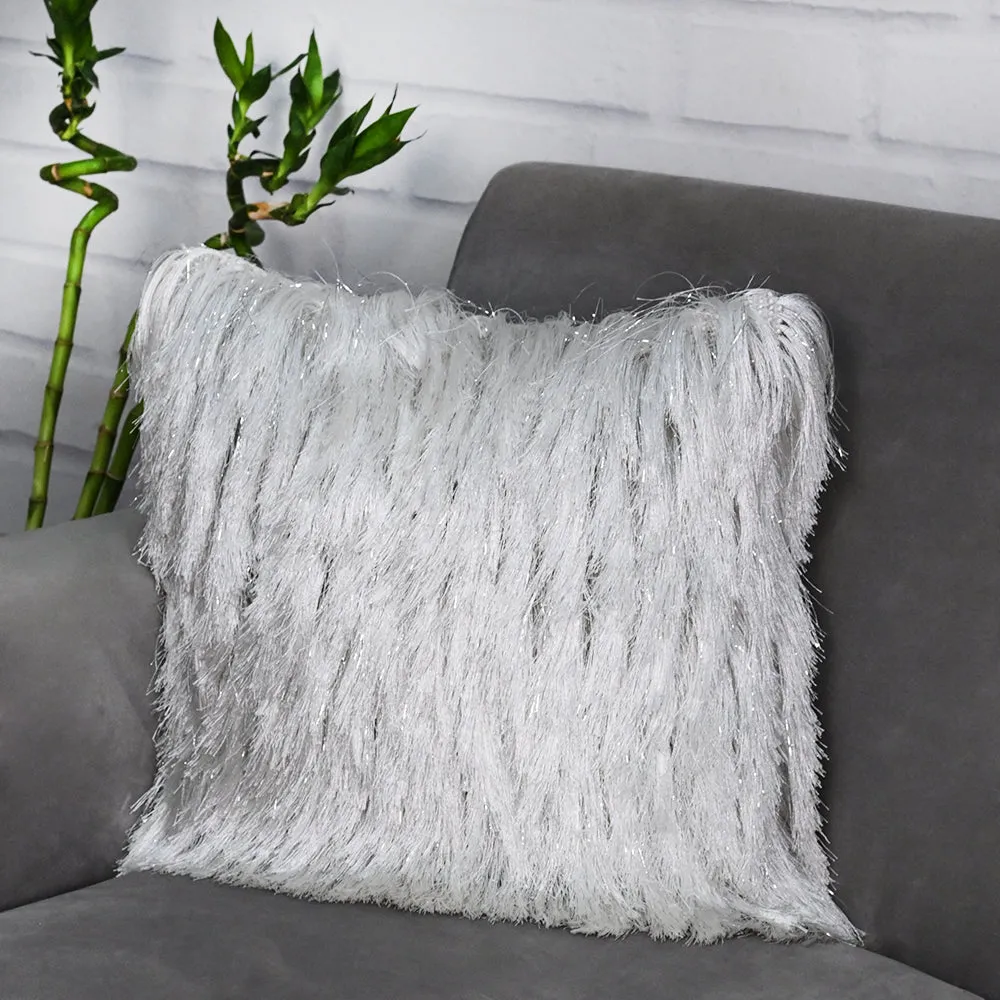 Fringed Polyester White Shaggy Cushion Cover
