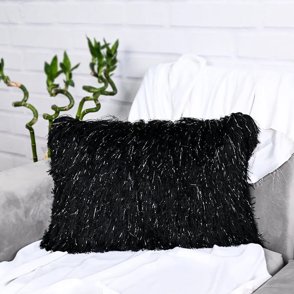 Fringed Polyester Wide Black Shaggy Cushion Cover