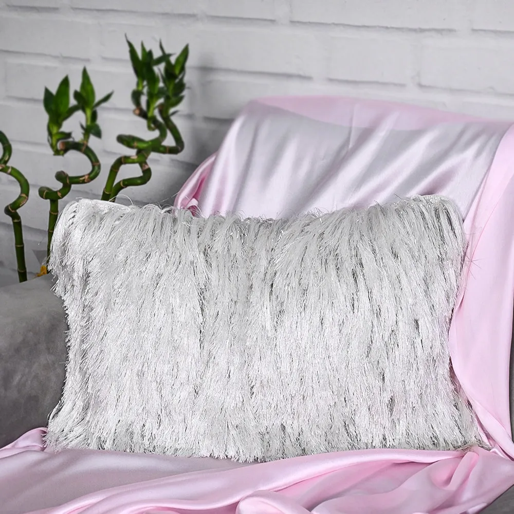 Fringed Polyester Wide Silver Shaggy Cushion Cover