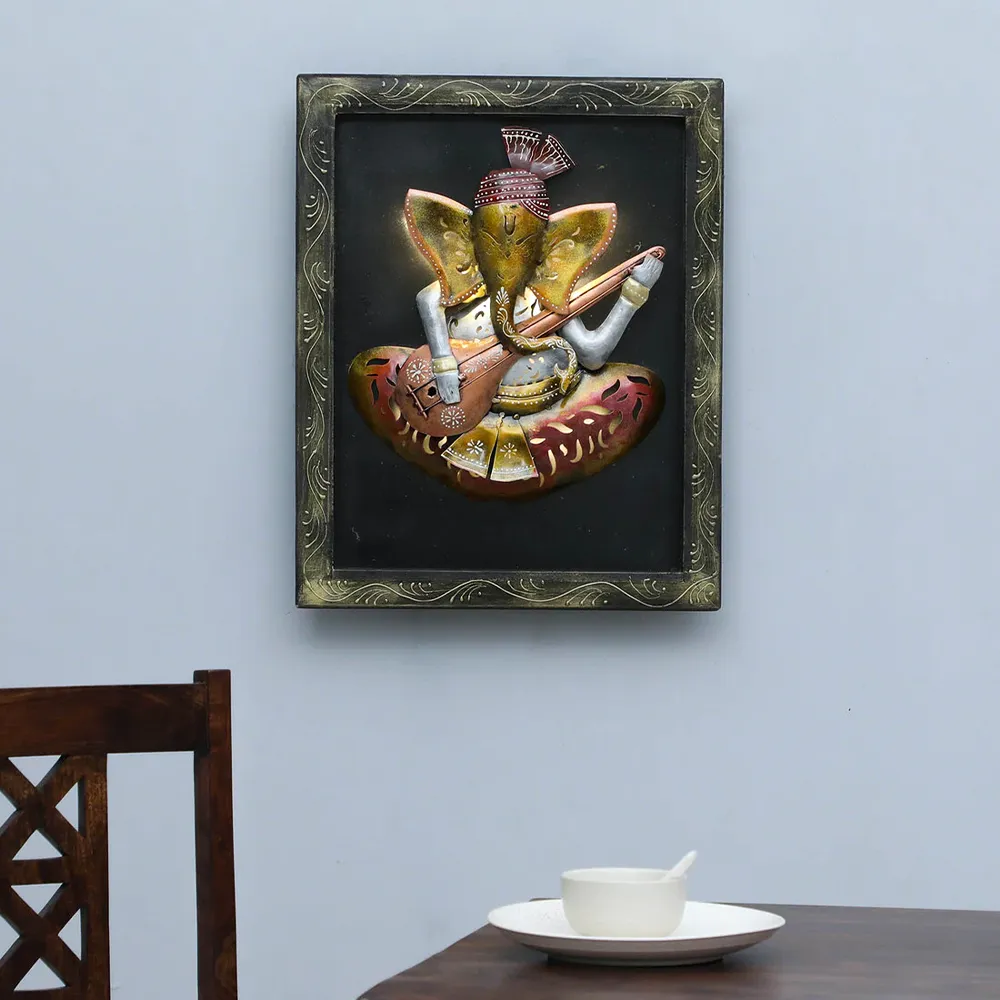 Ganesha Encarved Metal Body Framed Wall Art With LED