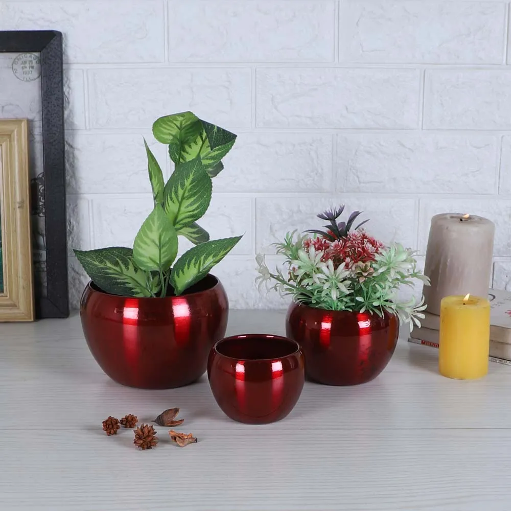 Glossy Red Metal Table Top Planters Set Of 3