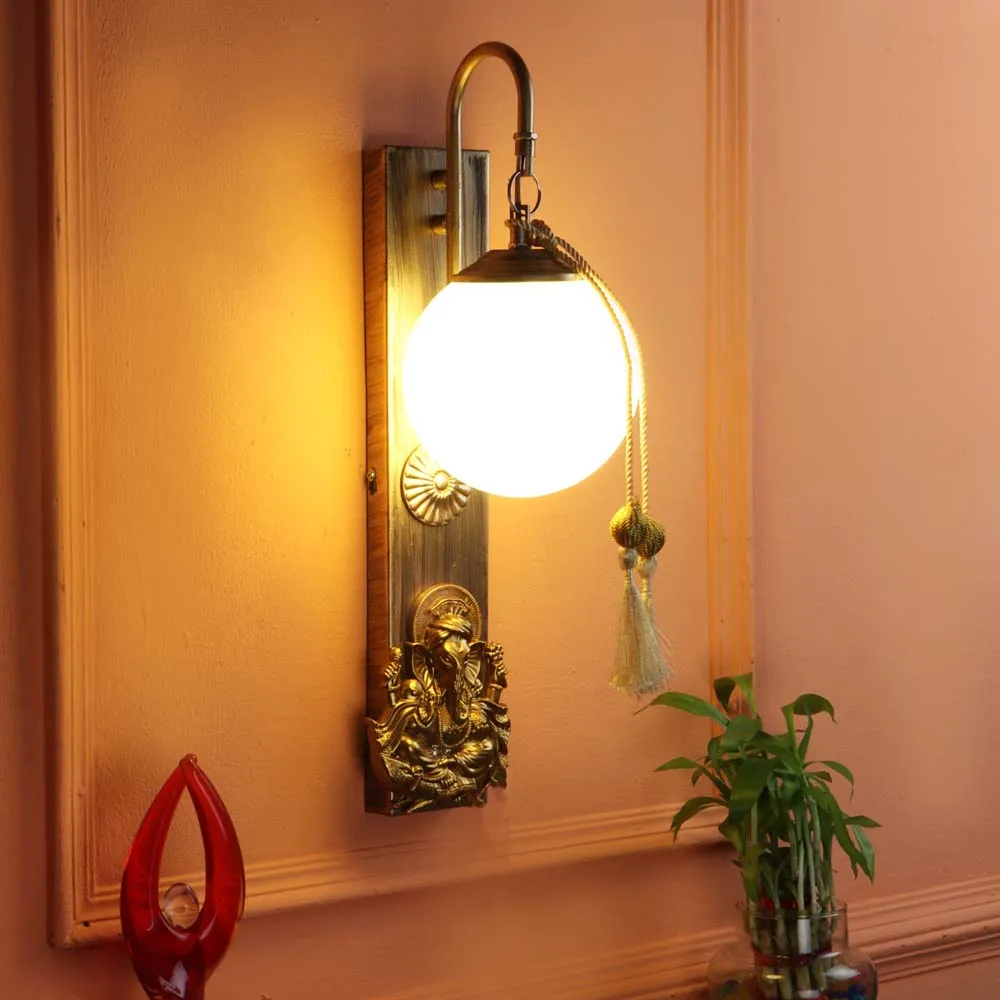 Gold-Tone Doom Glass Ganesh ji Wall Lamp Single Piece WallMantra