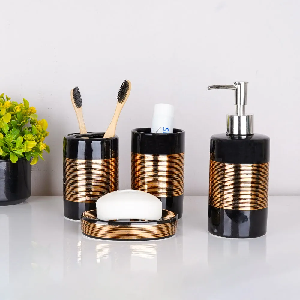 Golden Engraved Lines Ceramic Bathroom Set of 4 (Soap Dispenser, Soap Dish, Toothbrush Holder & Tumbler)