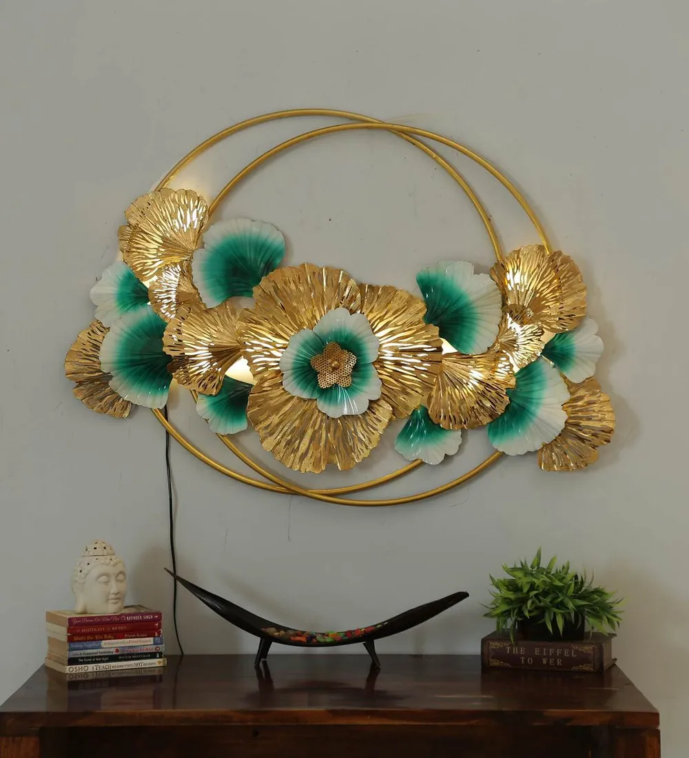 Golden & Green Floral Circles Metal Wall Art