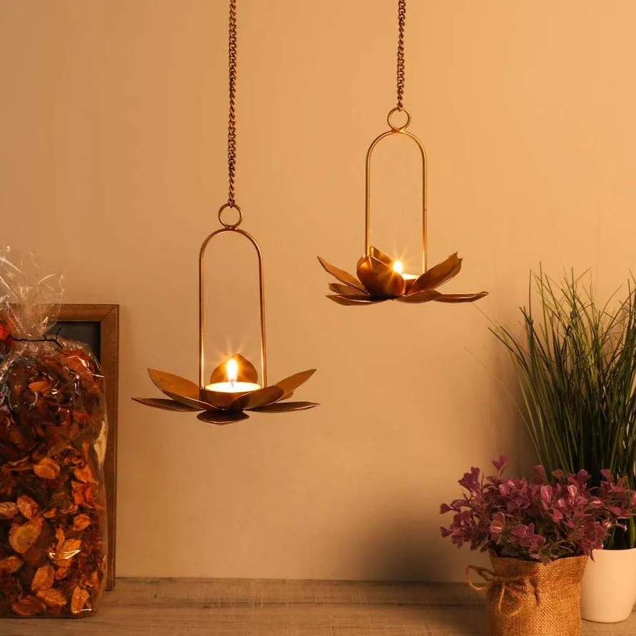 Golden Lotus Hook Golden Tea Light Candle Holders Set Of 2