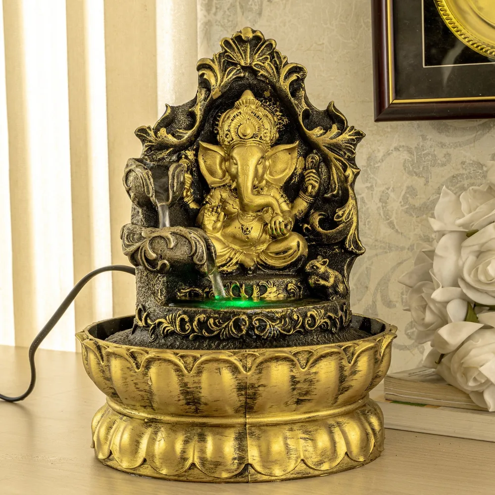 Golden Polyresin Meditating Ganesha Indoor Water Fountain