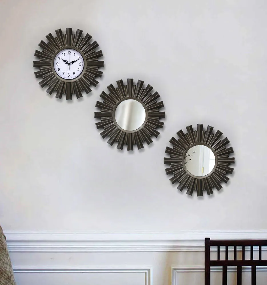 Golden Rods Designer Wall Clock & Mirror Set Of 3