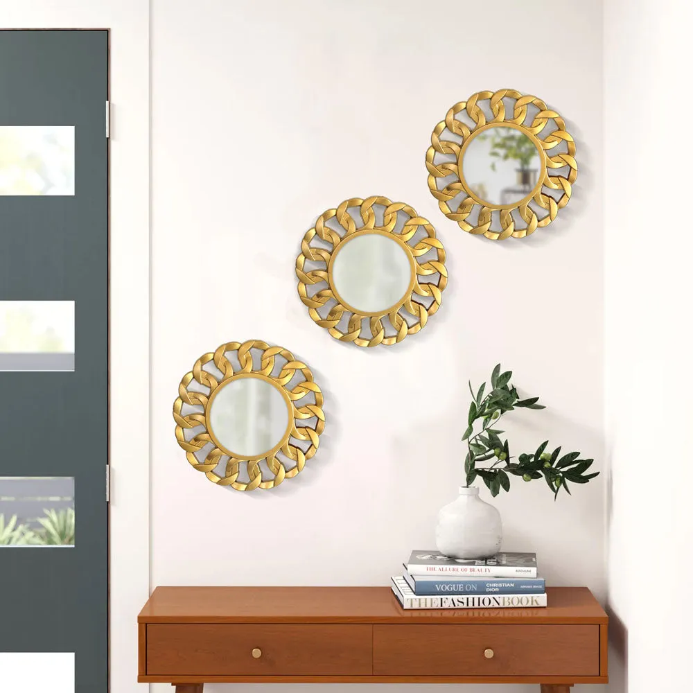 Golden Roped Designer Wall Clock & Mirror Set Of 3