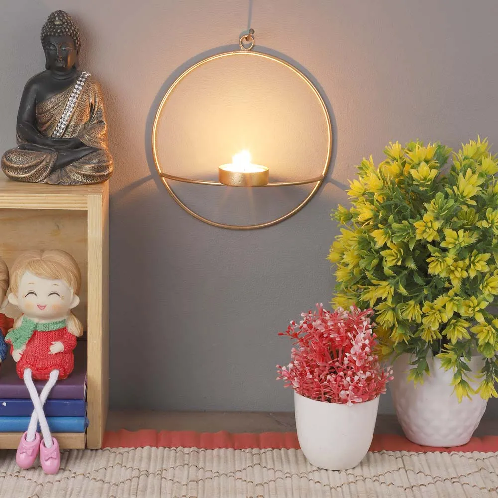 Golden Round Wall Tea Light Candle Holders Set of 2