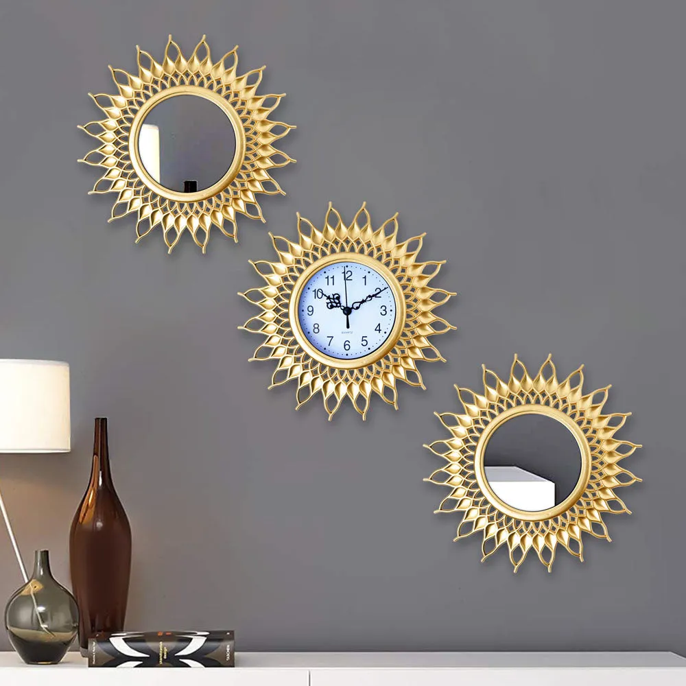 Golden Sun Designer Wall Clock & Mirror Set Of 3