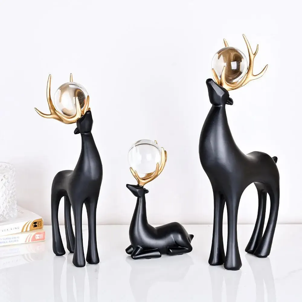 Gorgeous Black & Gold Polyresin Swamp Deer Figurine with Decorative Crystal Balls
