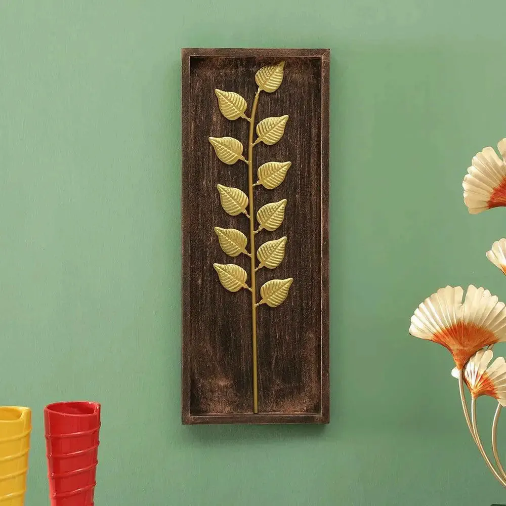 Gorgeous Golden Metal Leaf with Wooden Frame Metal Wall Art