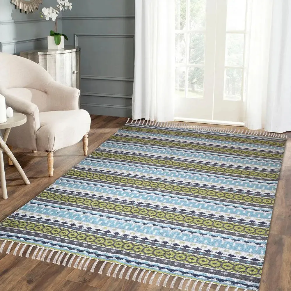 Green & Blue Intricate Aesthetic Cotton Area Rug (120 x 180) cm