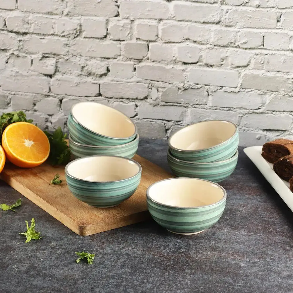 Green & Blue Striped Hand Painted Ceramic Bowl Set Of 6