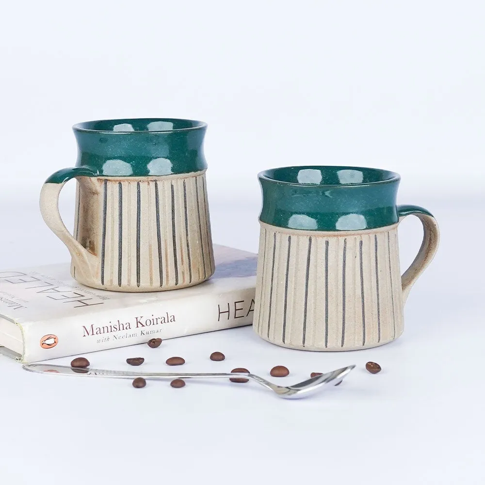Green Bordered Striped Ceramic Mugs Set of 2