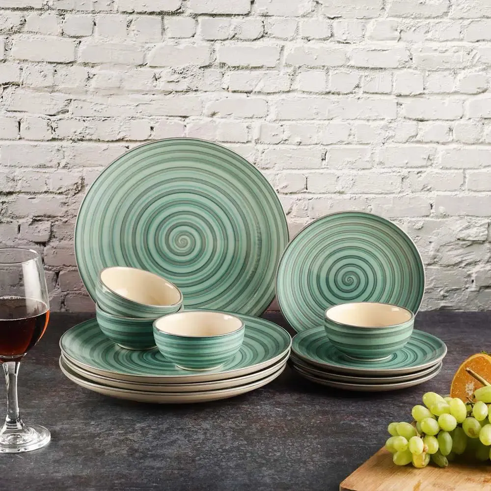 Green Spiral Designer Handpainted Ceramic Dinner Set Of 12 (4 dinner plates, 4 quarter plates & 4 bowls)