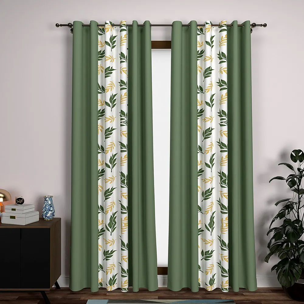 Green & Yellow Leafy Designer Layered Window Curtain