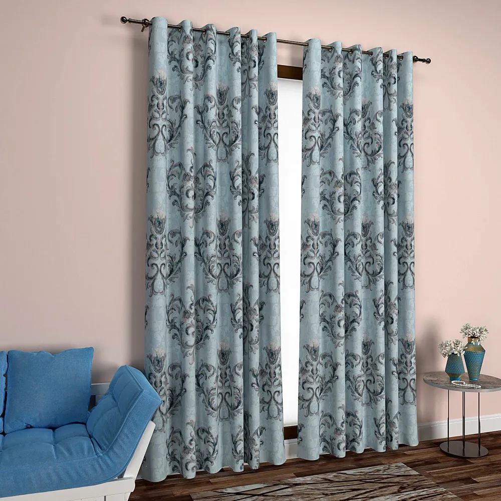 Grey and Blue Flowy Flowery Designer Door Curtain