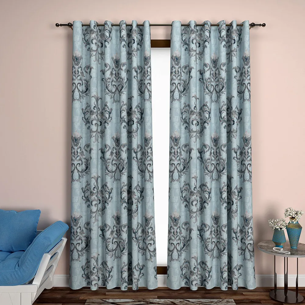 Grey & Blue Flowy Flowery Designer Window Curtain