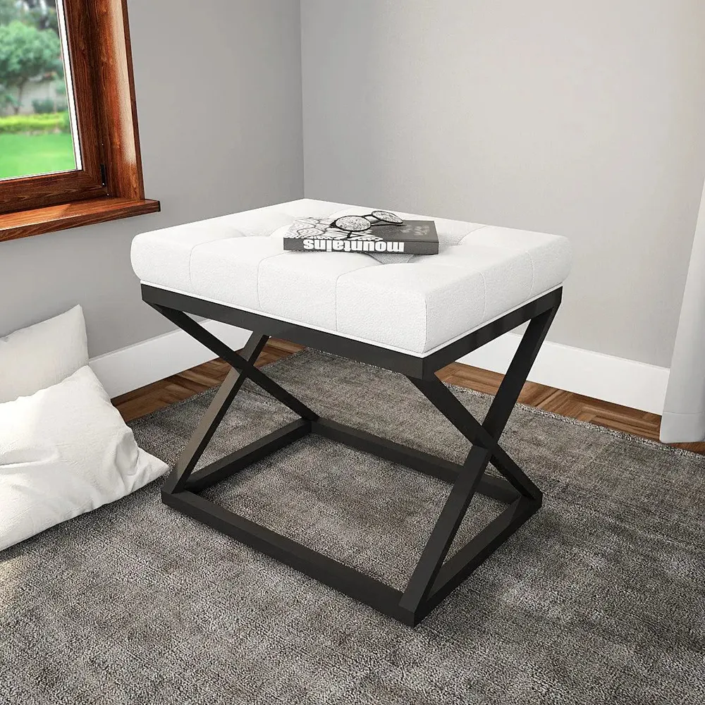 Grey Ottoman Made of High-Quality Leather with Cross Metal Stand