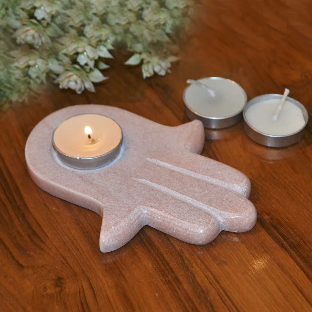 Hamza Hand Pink Marble Tealight Candle Holder