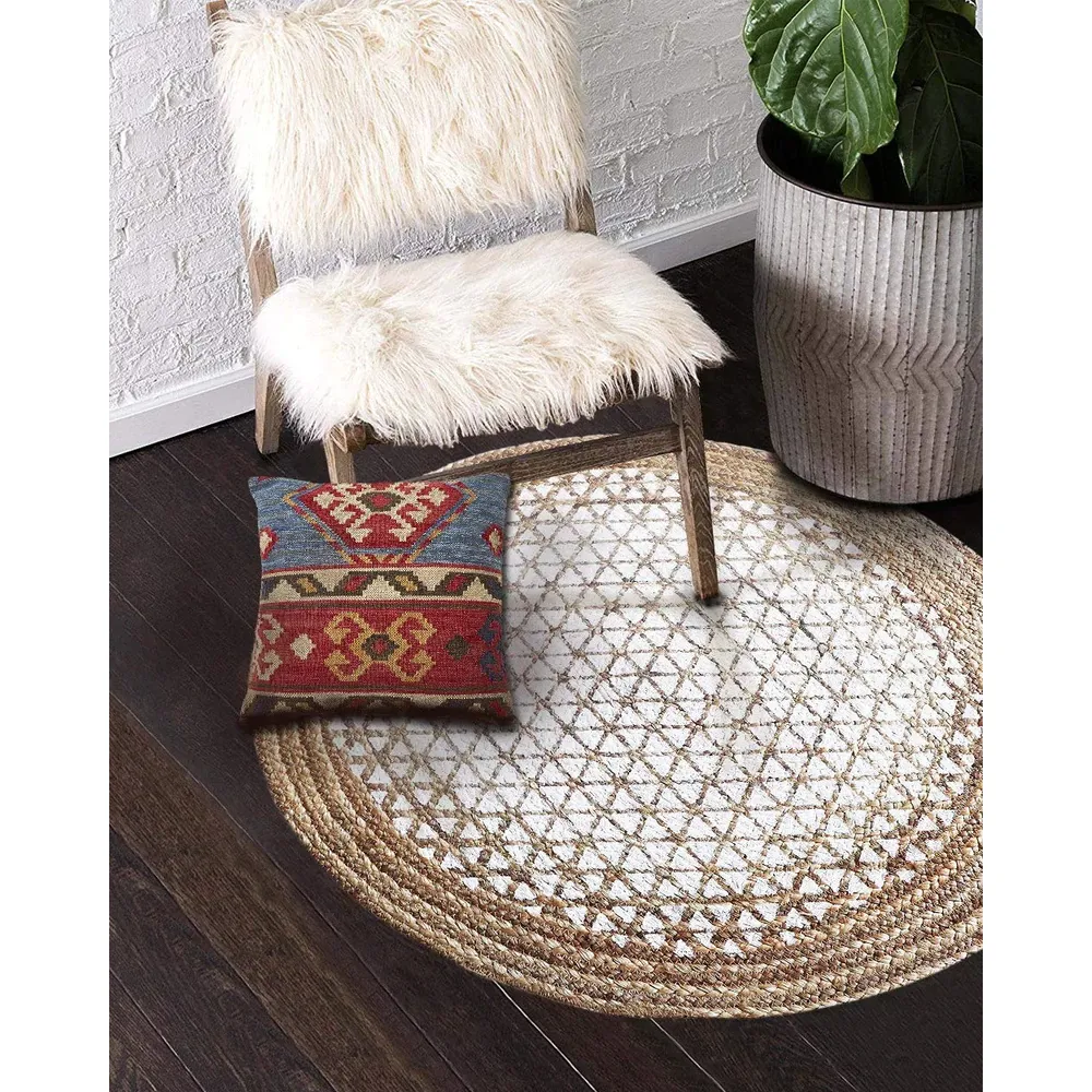 Hand braided Golden Bordered White Round Jute Floormat
