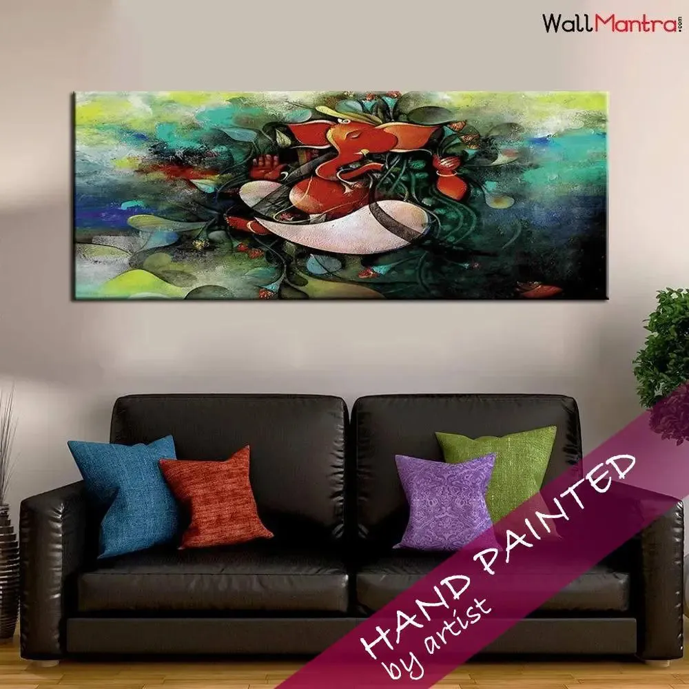Hand Painted Ganesha Indian Devotional Canvas Painting