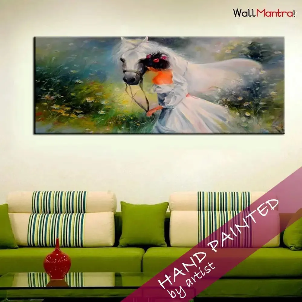 Hand Painted Girl with a Horse Canvas Big Panoramic Wall Hanging